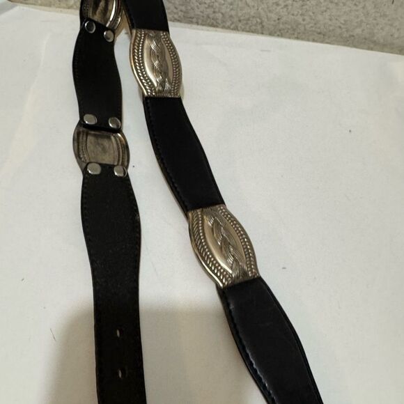 Fossil silver toned metal links leather  women's belt 34” Black Leather Size S - Picture 7 of 9
